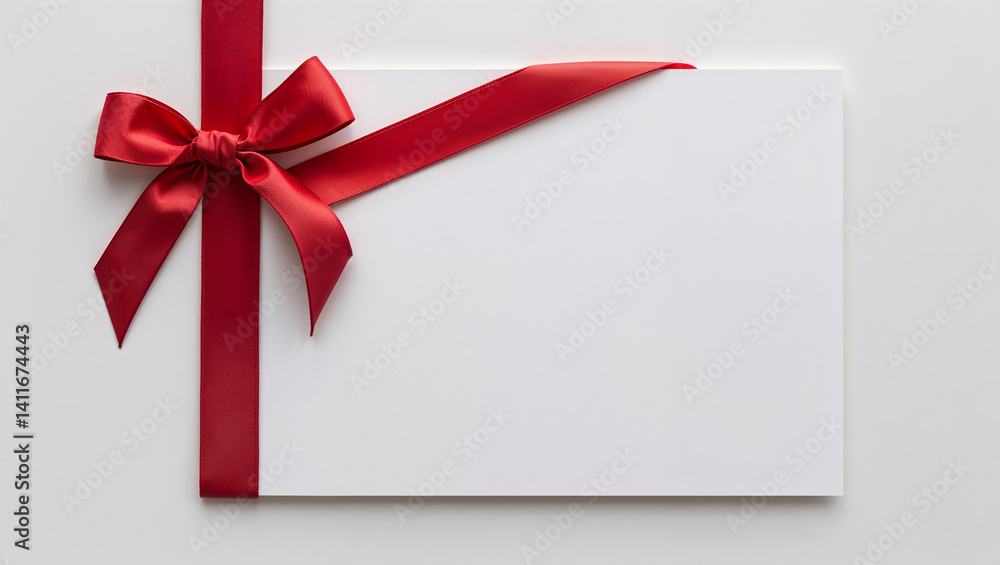 Red ribbon decorating white blank card on white background Red ribbon decorating white blank card on white background