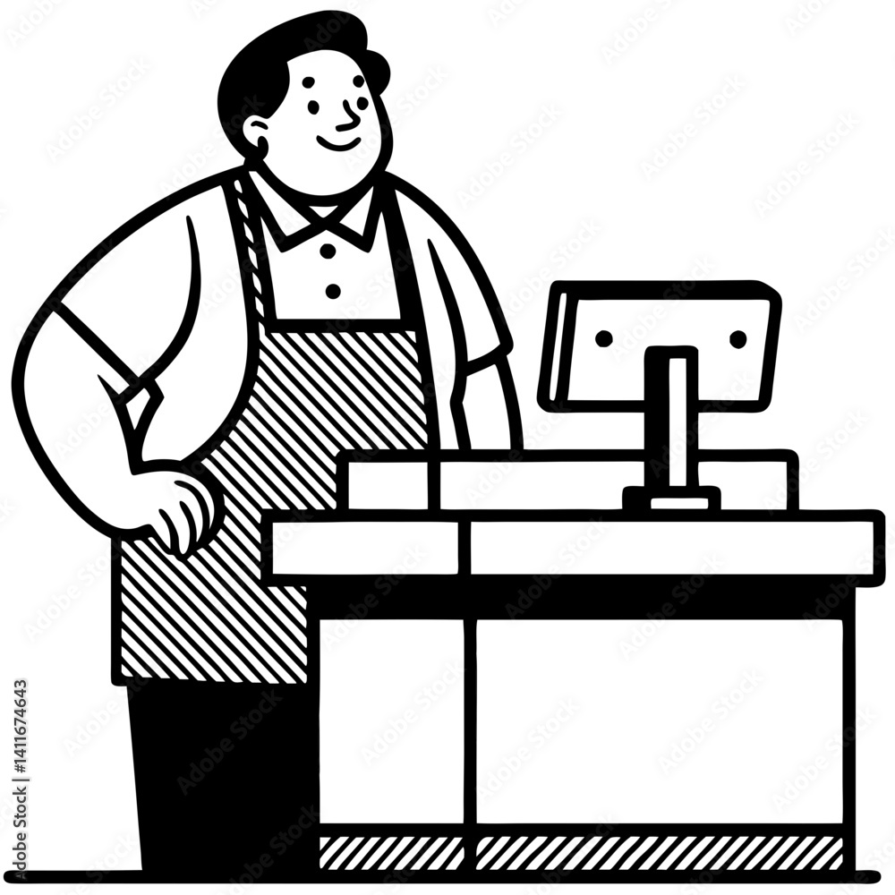 Friendly Cashier Smiling at Checkout Counter Ready to Assist Customers in Retail Environment Friendly Cashier Smiling at Checkout Counter Ready to Assist Customers in Retail Environment
