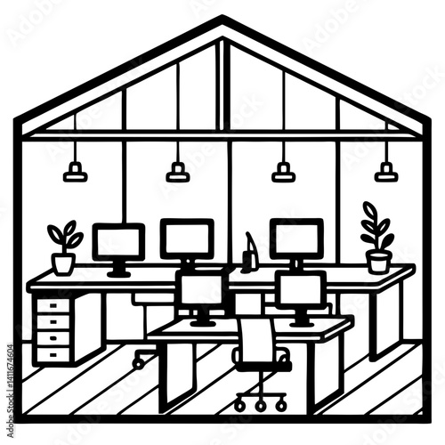 Modern Home Office Interior with Desks Computers Plants and Shelving for Productive Workspaces