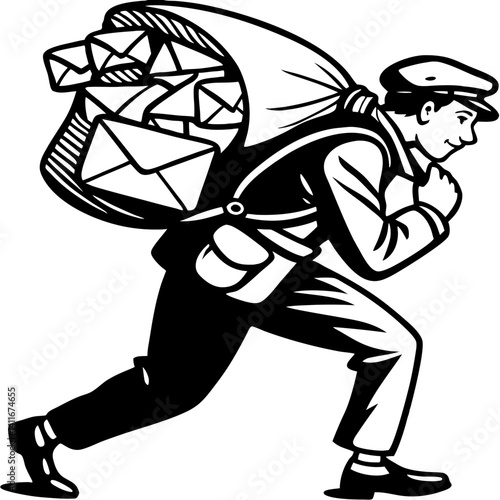 Vintage Postman Carrying Mailbag Full of Letters in Classic Monochrome Style
