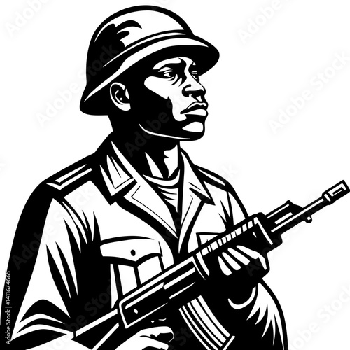 Black Soldier in Combat Gear Holding Weapon Strong Stance Powerful Military Graphic Design