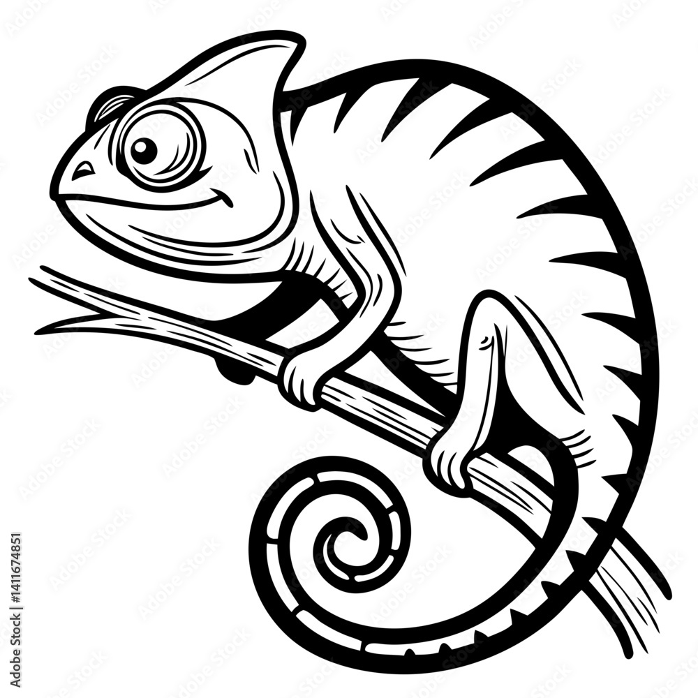 Charming Chameleon Illustration on a Branch Perfect for Coloring Books and Design Projects Charming Chameleon Illustration on a Branch Perfect for Coloring Books and Design Projects