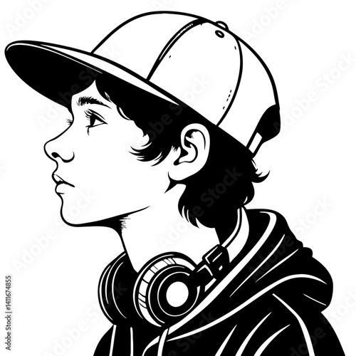 Stylish Young Boy Profile with Headphones and Cap for Street Art and Urban Culture Designs
