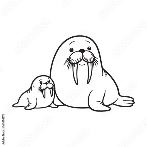Line art of baby walrus and mother walrus cartoon vector