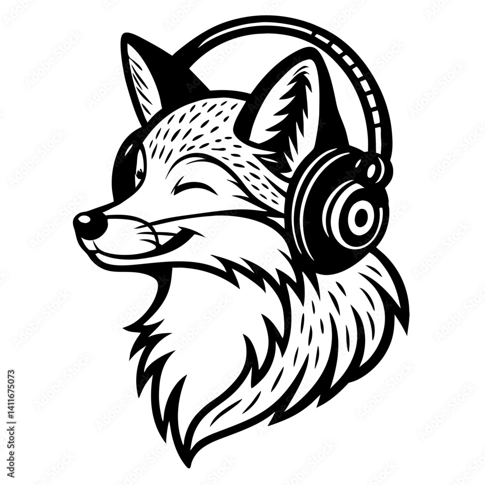Fototapeta premium Cool Fox Wearing Headphones Stylish Vector Illustration for Apparel and Tattoo Design