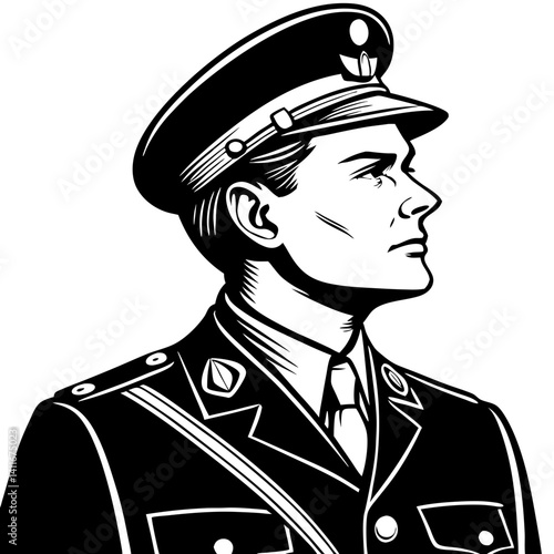 Vintage Army Officer Portrait with Cap in Bold Design for Illustration and Tattoo Ideas