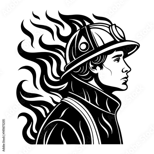 Heroic Firefighter Profile with Flames in Black and White Design for Apparel and Tattoos