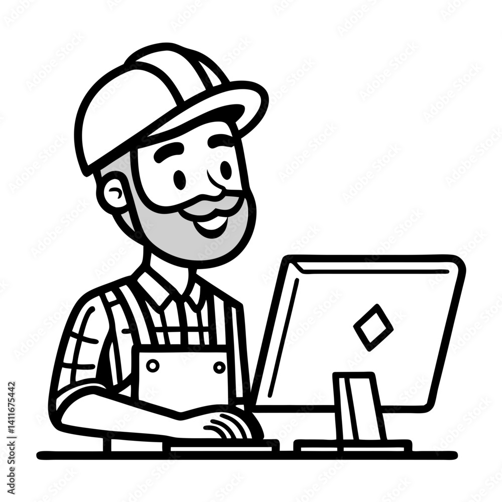 Construction Worker Using Computer for Project Management and Planning Construction Worker Using Computer for Project Management and Planning