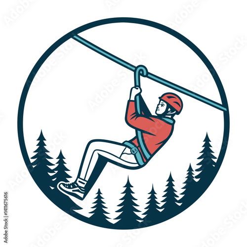Adventurous Zip Line Rider Surrounded by Scenic Pines for Outdoor Activities and Logo Design
