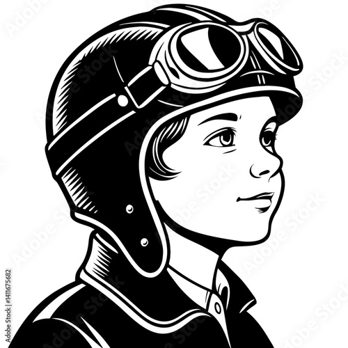 Vintage Aviator Boy with Goggles Retro Style Illustration for Coloring and Tattoo Designs
