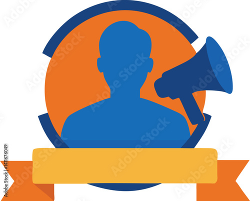 Flat Art of Silhouette Person and Megaphone with Ribbon Banner Isolated