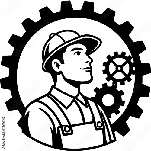 Mechanic Portrait with Gears Industrial Worker Design for Logos and Graphic Arts