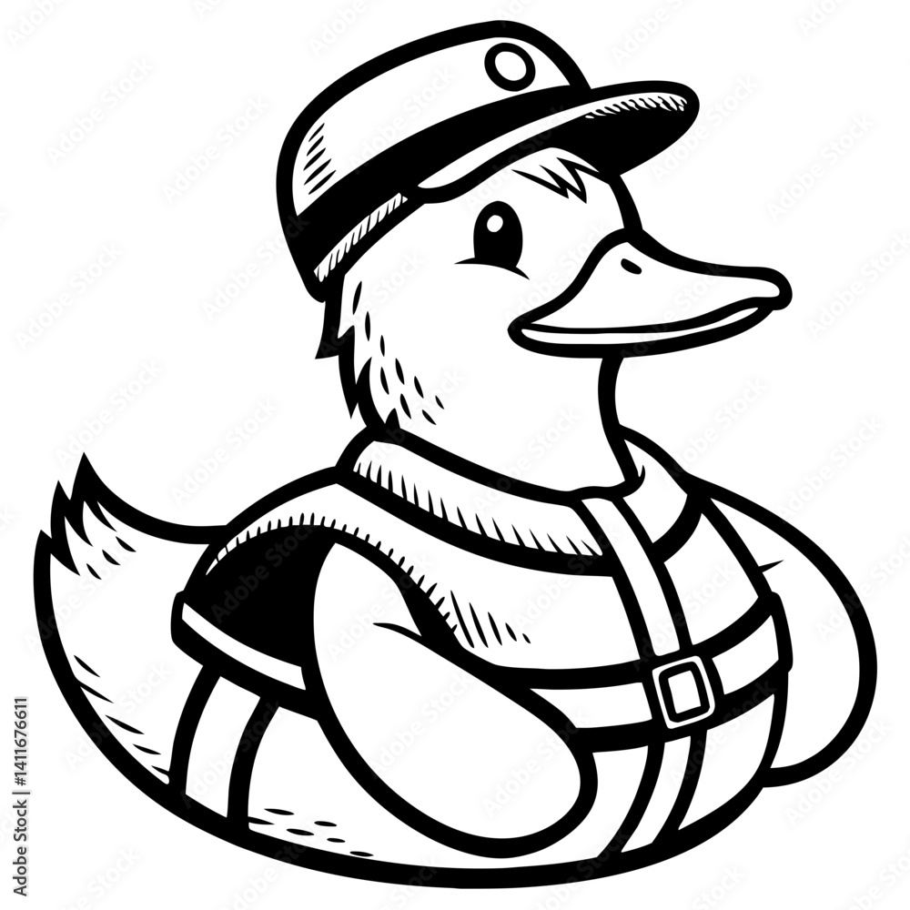 Fototapeta premium Cute Cartoon Duck in Lifebuoy with Cap Perfect for Coloring Books and Fun Designs
