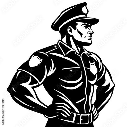 Strong Police Officer Silhouette in Uniform for Law Enforcement and Community Safety Themes