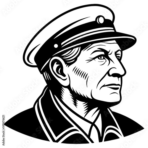 Detailed Portrait of a Mature Man in a Captain's Hat Featuring Strong Facial Expressions for Tattoo Design