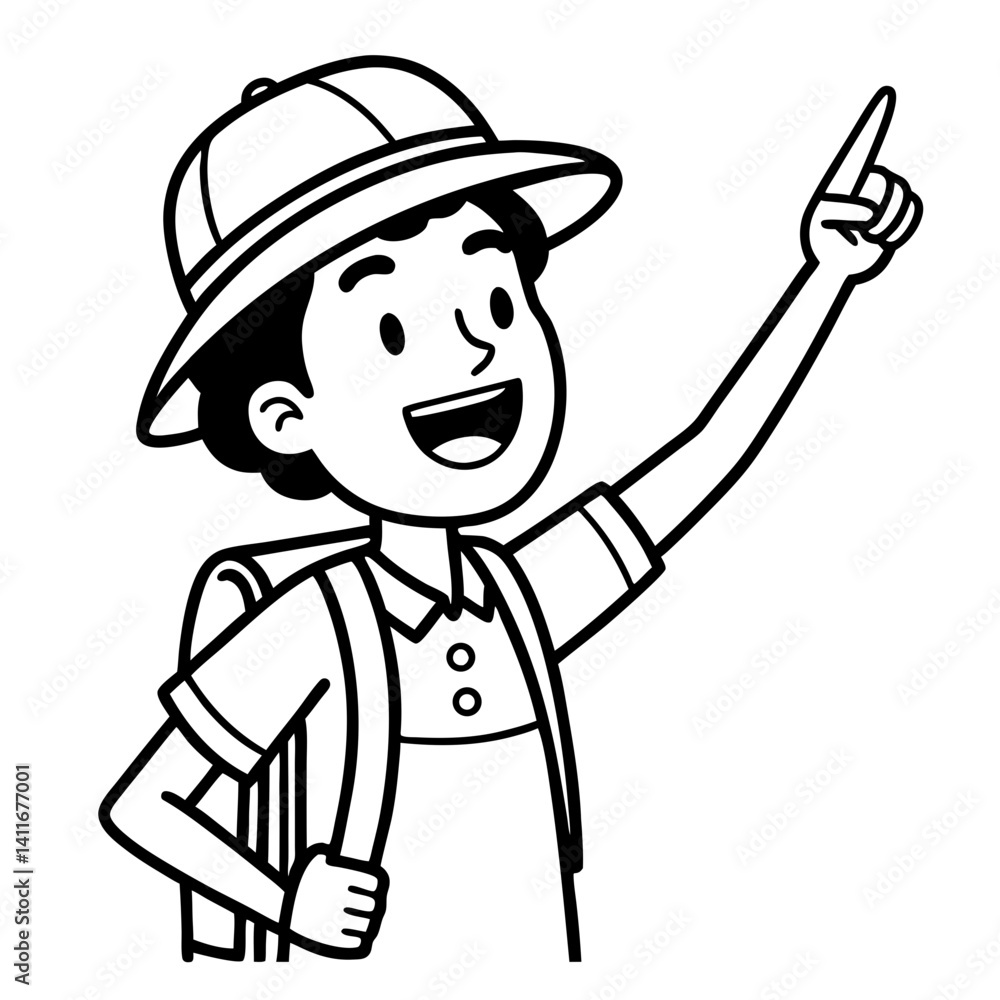 Happy Kid Explorer Pointing Up in Adventure Outfit with Backpack for Creative Coloring Activities Happy Kid Explorer Pointing Up in Adventure Outfit with Backpack for Creative Coloring Activities