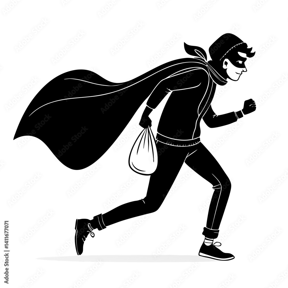 Fototapeta premium Dynamic Cartoon Thief Running with Bag and Cape in Bold Black and White Style