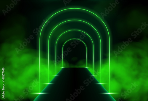 Green LED tunnel in the form of an arch with smoke. 3D vector illustration isolated on a dark background.