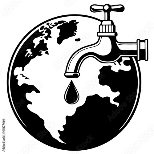 Earth Globe with Faucet and Water Drop Symbolizing Global Water Conservation and Awareness