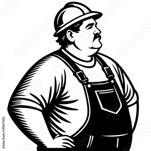 Muscular Construction Worker Wearing Hard Hat and Overalls in Bold Line Art Style