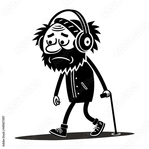 Sad Cartoon Character with Headphones Walking with Cane in Monochrome Style