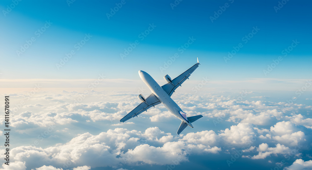 Fototapeta premium Flying above clouds clear blue sky airplane in flight