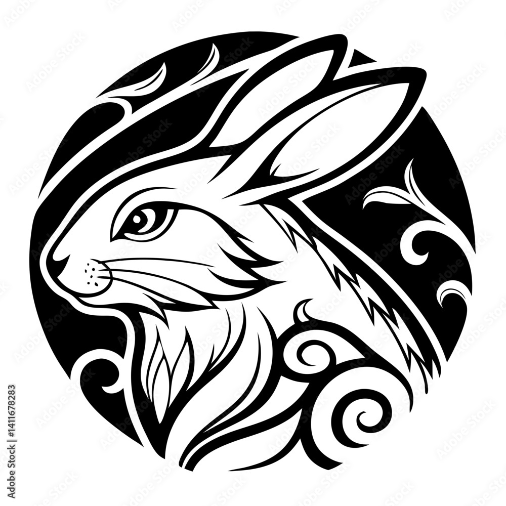 Obraz premium Intricate Rabbit Silhouette Design with Floral Patterns Perfect for Tattoos and Crafts