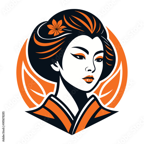 Japanese Geisha Woman Illustration with Orange Floral Design for Tattoo or Graphic Art