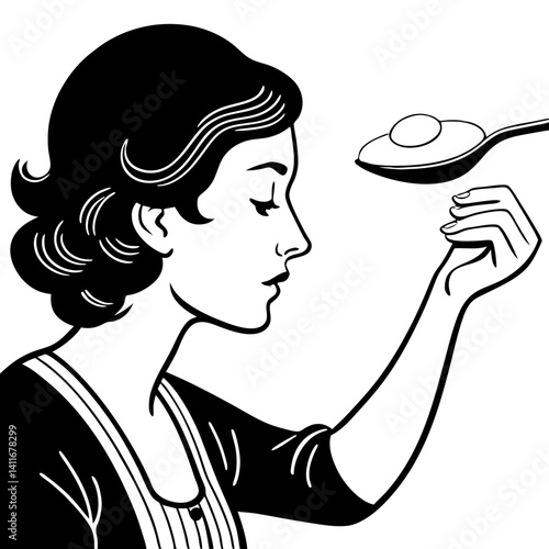 Elegant Woman Holding Spoon with Egg Retro Style Illustration for Culinary Art Decor