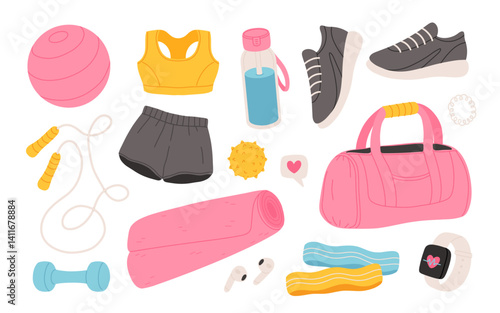 Fitness equipment collection, fitball, dumbbells, sneakers sportswear, bottle of water, fitness watch. Vector illustrations of sport accessories for women.