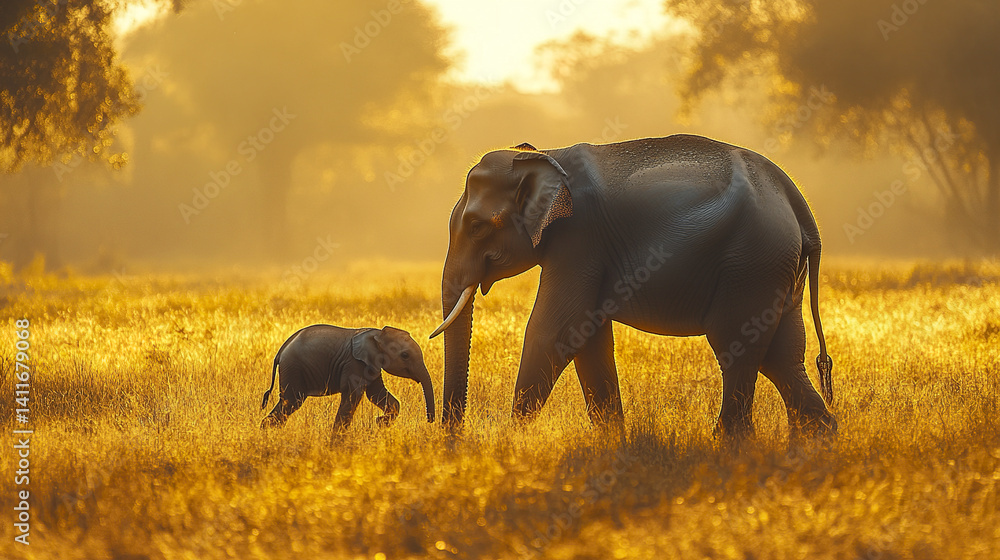 Fototapeta premium Asian elephant mother walking with baby calf in golden light