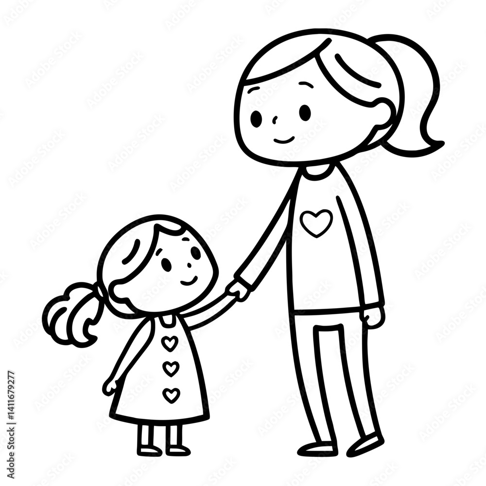 Mother and Daughter Holding Hands Cute Character Illustration for Coloring or Design Mother and Daughter Holding Hands Cute Character Illustration for Coloring or Design