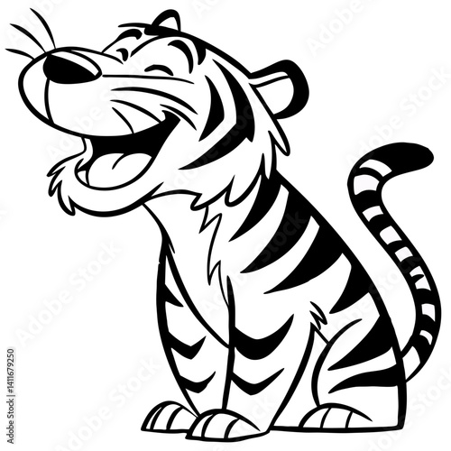Happy Cartoon Tiger Character Smiling Vector Design for Kids Coloring Book and Tattoo Art