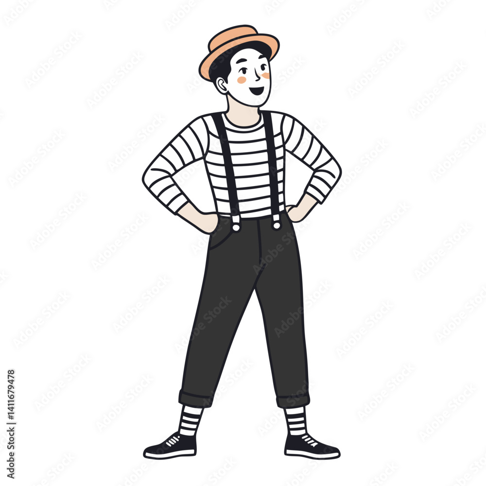 Cheerful Mime Character in Striped Shirt with Hat Perfect for Fun Art Projects and Designs Cheerful Mime Character in Striped Shirt with Hat Perfect for Fun Art Projects and Designs