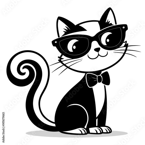 Playful Black and White Cat with Glasses and Bowtie Graphic for Fun Designs