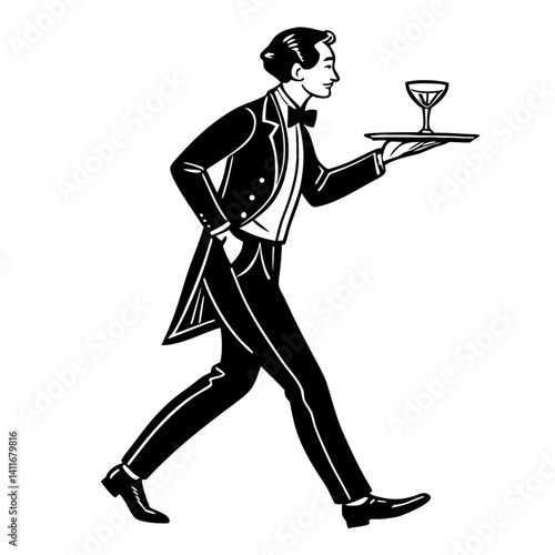 Elegant Male Waiter Serving Cocktail on Tray Retro Style Illustration