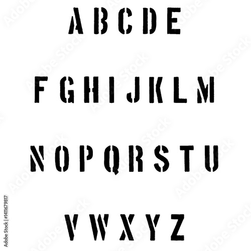 Stencil-style uppercase English alphabet in bold black military font with grunge texture on white background for design use.