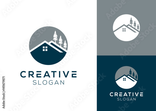 Pine tree with roof house logo design for real estate and outdoor