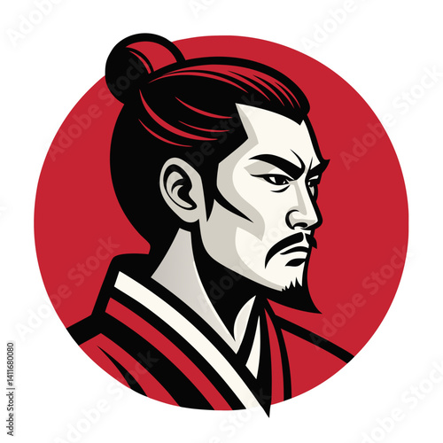Samurai Warrior Profile in Bold Colors Asian Culture Vintage Style