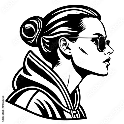 Stylish Woman Profile in Sunglasses with Hair Bun Ideal for Modern Art and Design Projects