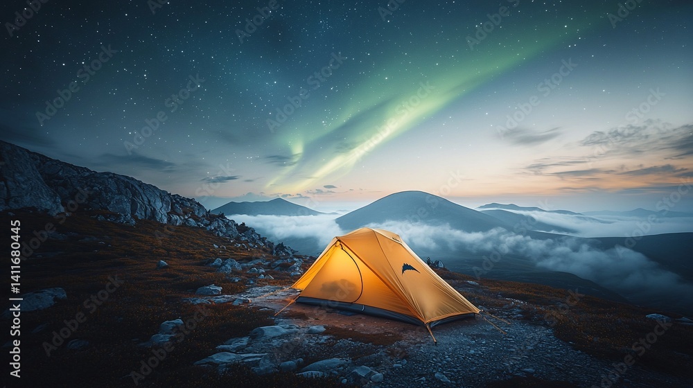 Mountaintop camping under a starlit sky with aurora borealis Mountaintop camping under a starlit sky with aurora borealis