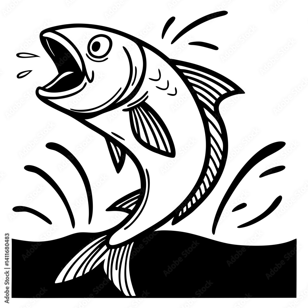 Naklejka premium Dynamic Leaping Fish Illustration Perfect for Tattoo Designs and Coloring Pages