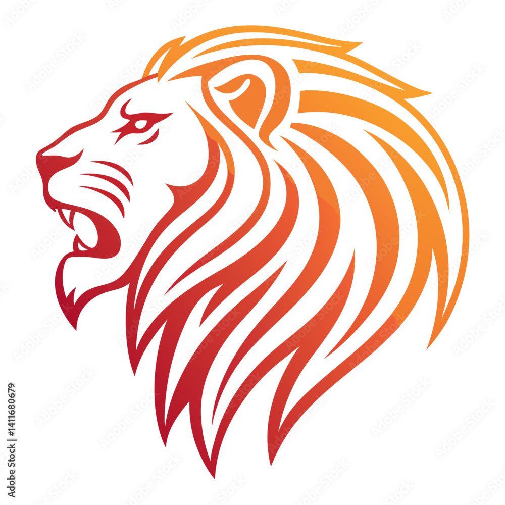 Obraz premium Bold Lion Head with Flowing Mane in Orange and Red Gradient for Graphic Design and Tattoos