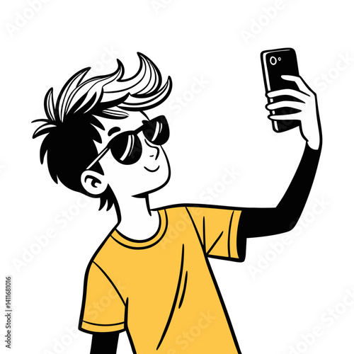 Cool Young Boy Taking Selfie in Sunglasses with Trendy Hair and Yellow T-Shirt