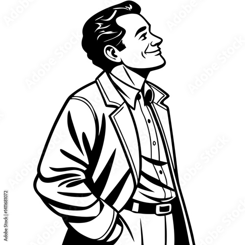 Stylish Man in Vintage Suit with Bow Tie Smiling Vector Illustration for Retro Design