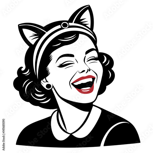 Cheerful Vintage Woman with Cat Ears Smiling Expressively Ideal for Illustrations and Designs