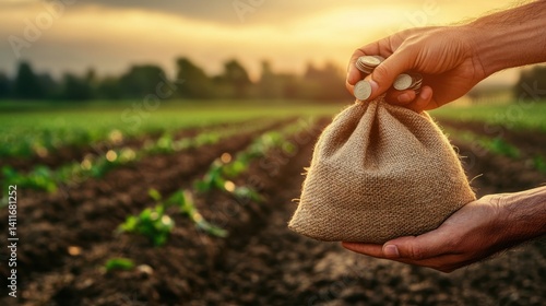 Farmer's Hands Placing Coins into a Burlap Sack in a Lush Field at Sunset