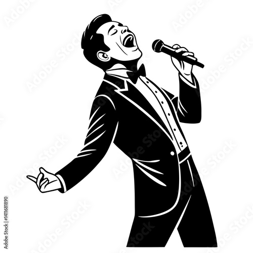 Vintage Male Singer in Tuxedo Singing into Microphone Retro Black and White Design