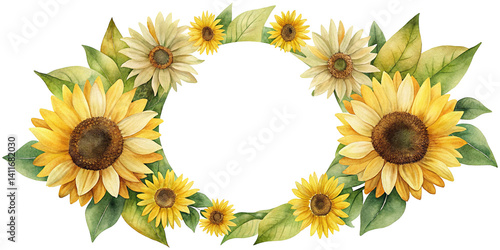 Wallpaper Mural Watercolor Sunflowers and Leaves Wreath, perfect for decoration and seasonal greetings Torontodigital.ca