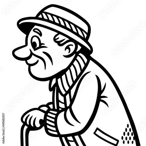 Happy Elderly Man in Vintage Clothing with Cane Illustration for Coloring and Tattoo Designs